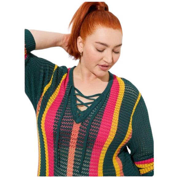 Torrid NWT Open Stitch Pullover Fringe Hem Sweater Size 4X Kangaroo Pocket Boho - Picture 5 of 8